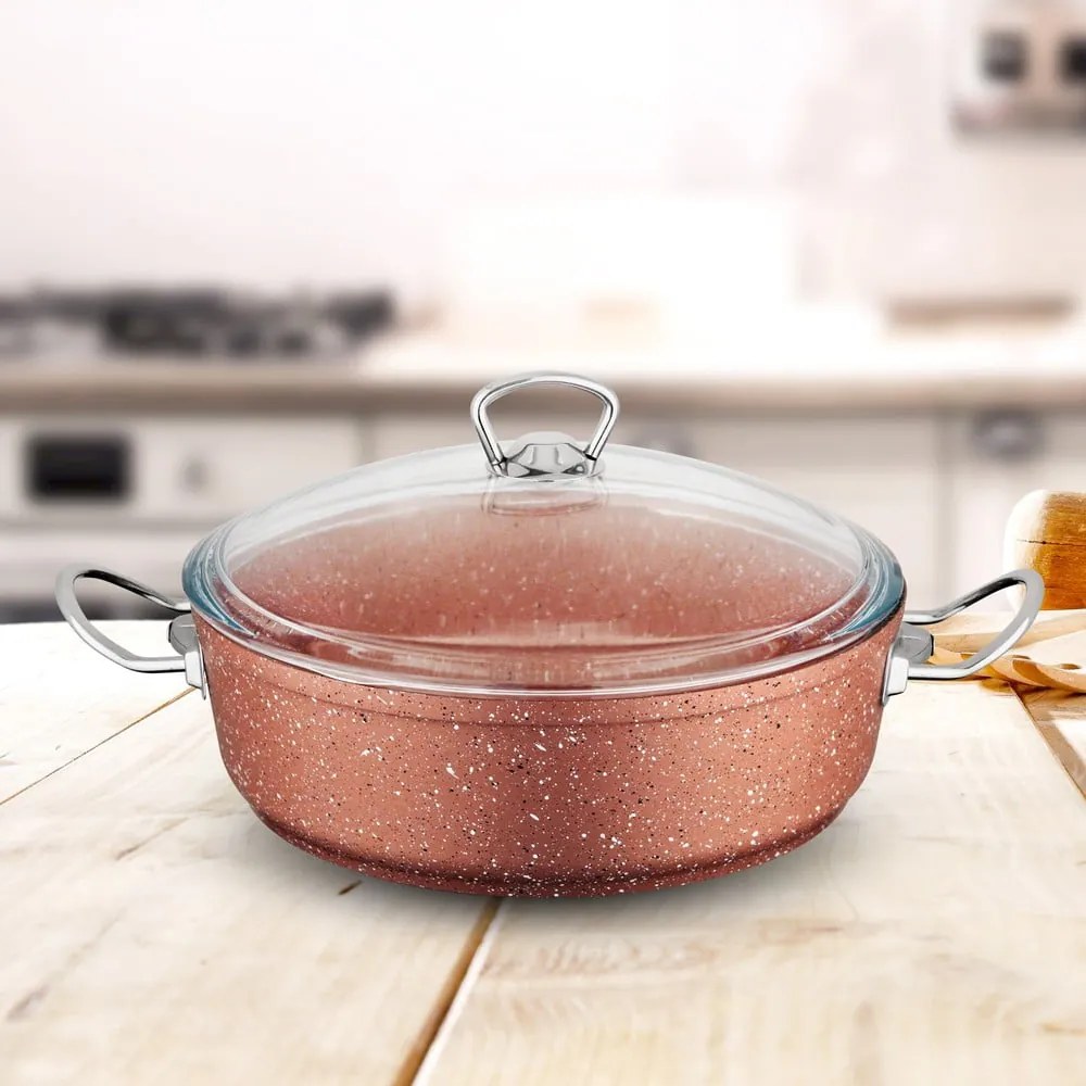 Classic rózsaszín alacsony alumínium edény fedővel, ø 30 cm - Güral Porselen