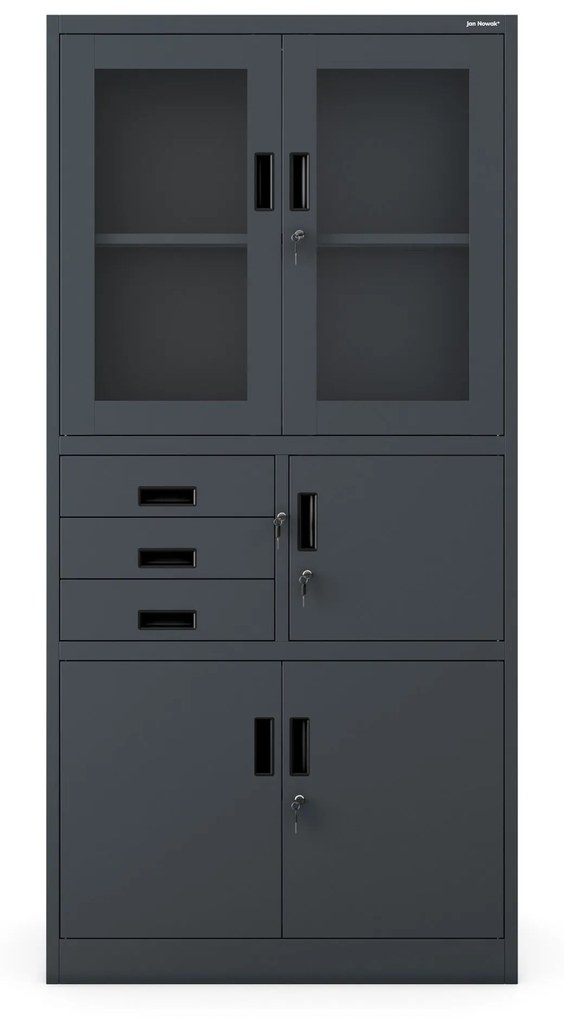 Fém iratszekrény széffel, vitrinnel és fiókokkal FILIP, 900 x 1850 x 400 mm, antracit