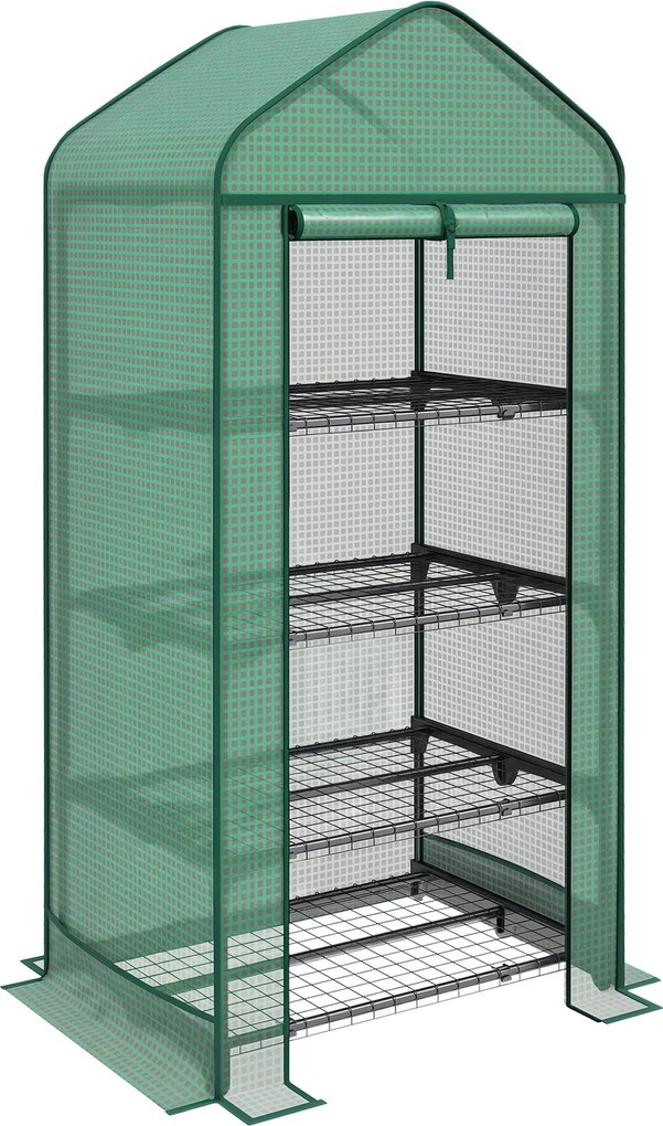 Outsunny 4-Szintes Növény Üvegház Roll-Up Ajtóval, Kis Fém és PE Üvegház, 69x49x158 cm, Sötét Zöld | Aosom