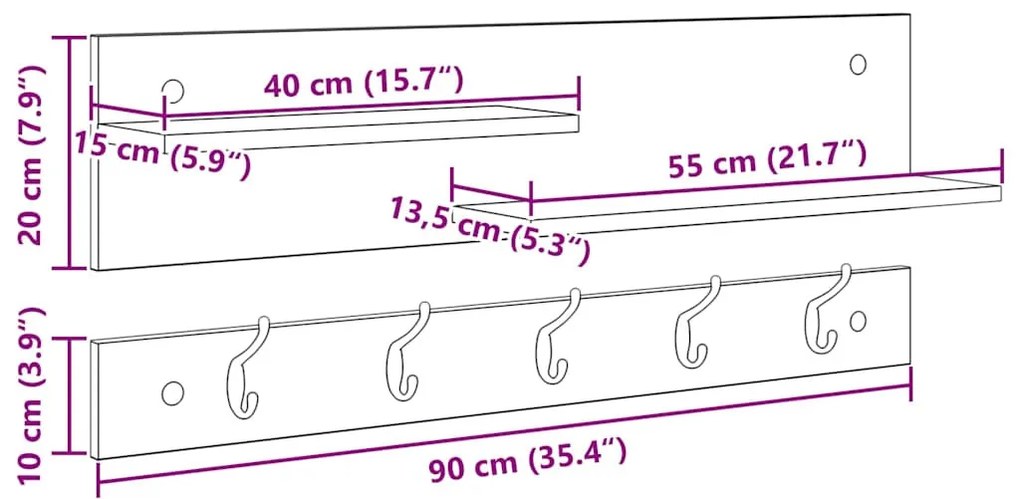 Fali Kabáthorog polcokkal Beton szürke 90 x 15 x 36 cm Faanyag