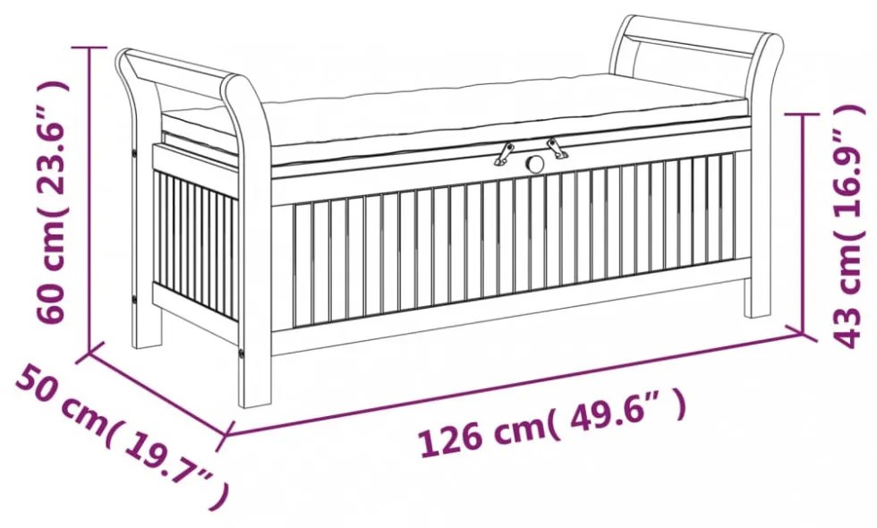 tömör akácfa tárolópad párnával 126 cm