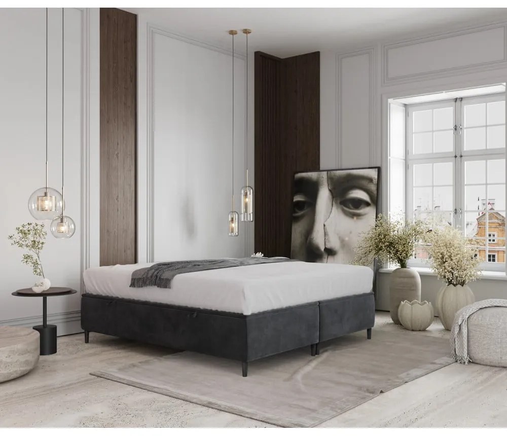 Antracitszürke kárpitozott ágyneműtartós franciaágy 160x200 cm Tate – Maison de Rêve