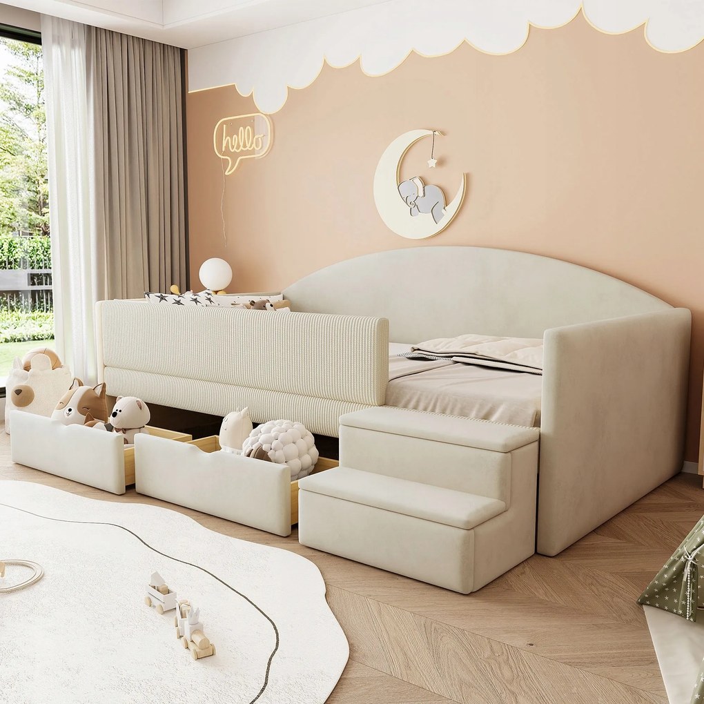 Kárpitozott ágy Összecsukható kanapé 90*190 cm 2 fiók Lépcső Bézs