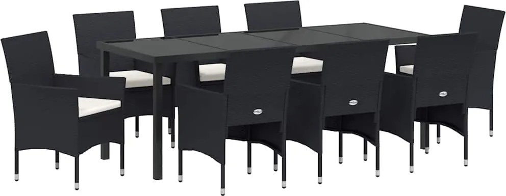 vidaXL Kert étkező szett párnával 9 pcs Fekete polirattan