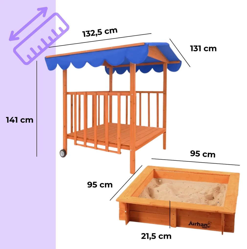 HAPPY verandás homokozó, 130x130x143cm, barna/kék Jurhan