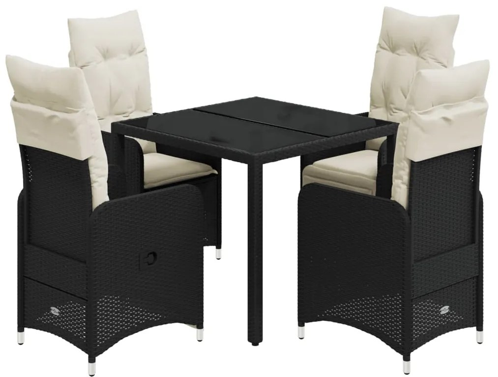 5 részes fekete polyrattan kerti bisztrógarnitúra párnákkal