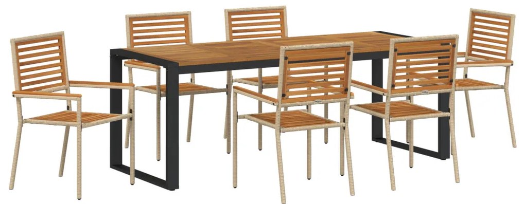 7 Darabos Kert Étkező Szett Bézs Poly Rattan Akácia, Egymásra Rakható Kerti Székek Párnákkal - 2 darabos Bézs Poly Rattan