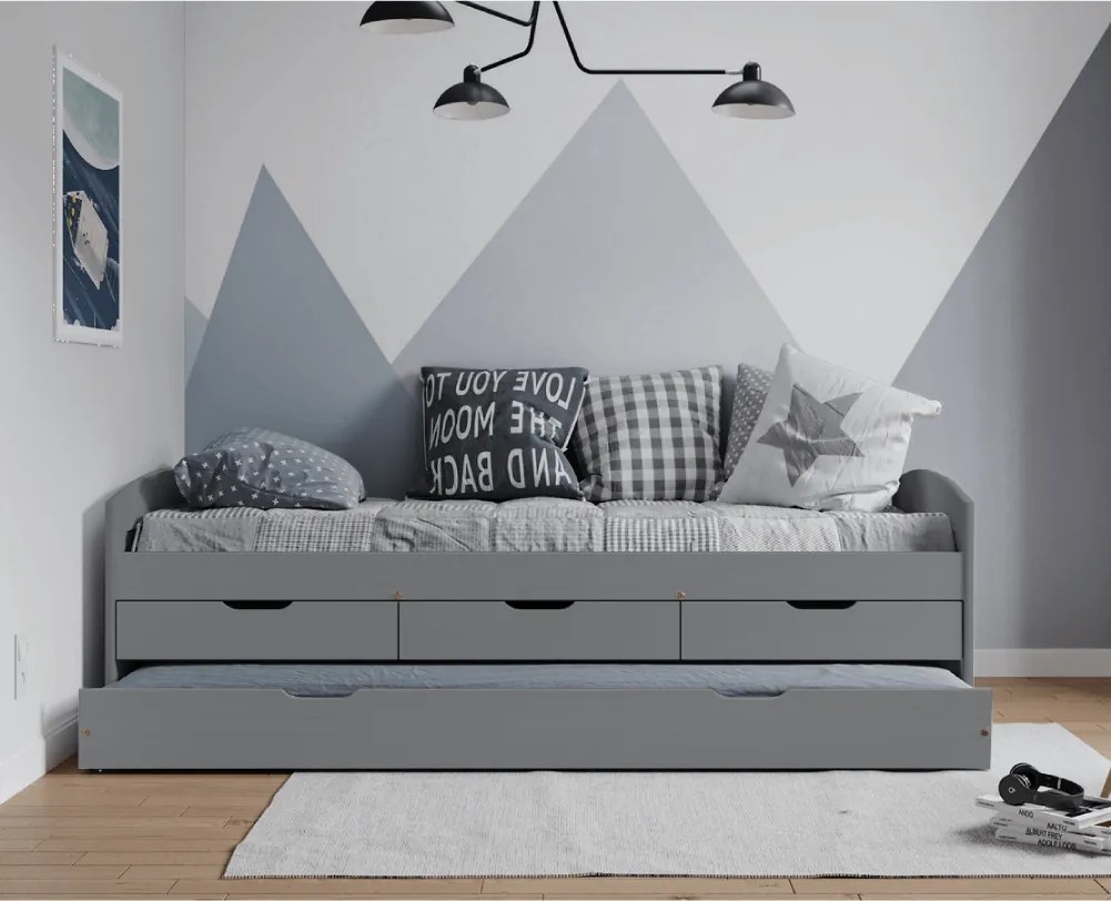 Ágy kihúzható pótággyal, szürke, tömörfa, 90x200, MARINELLA NEW