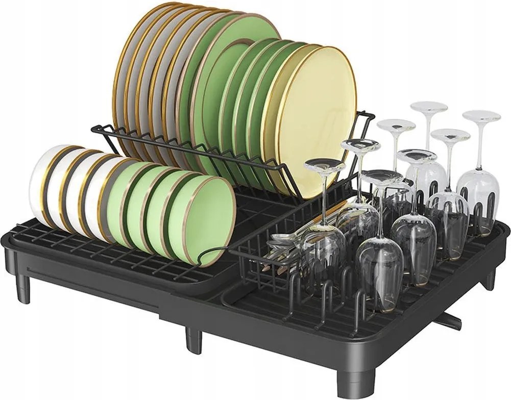 Bővíthető edényszárító, rozsdamentes szénacél állvány csepptálcával, fekete