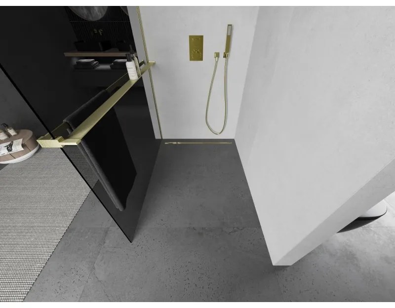 Mexen Kioto+, Walk-In zuhany paraván polccal és akasztóval 110 x 200 cm, 8mm szürke üveg, arany matt profil, 800-110-121-55-40