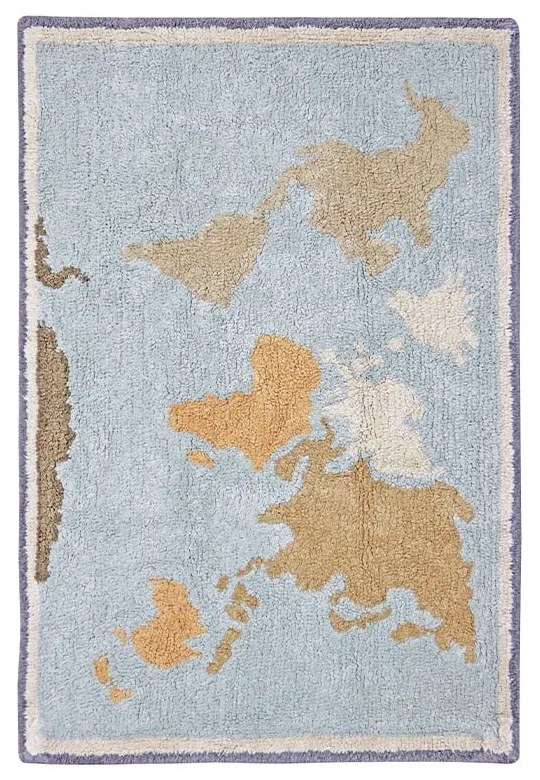 Kék-bézs mosható kézi szövésű pamut gyerek játszószőnyeg 70x100 cm Mini Worldmap – Lorena Canals
