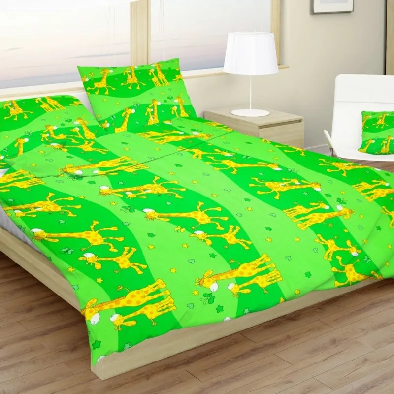 Gyerek pamut lepedők Zsiráf zöld TiaHome - 1x Párna 90x70cm, 1x Paplan 140x200cm