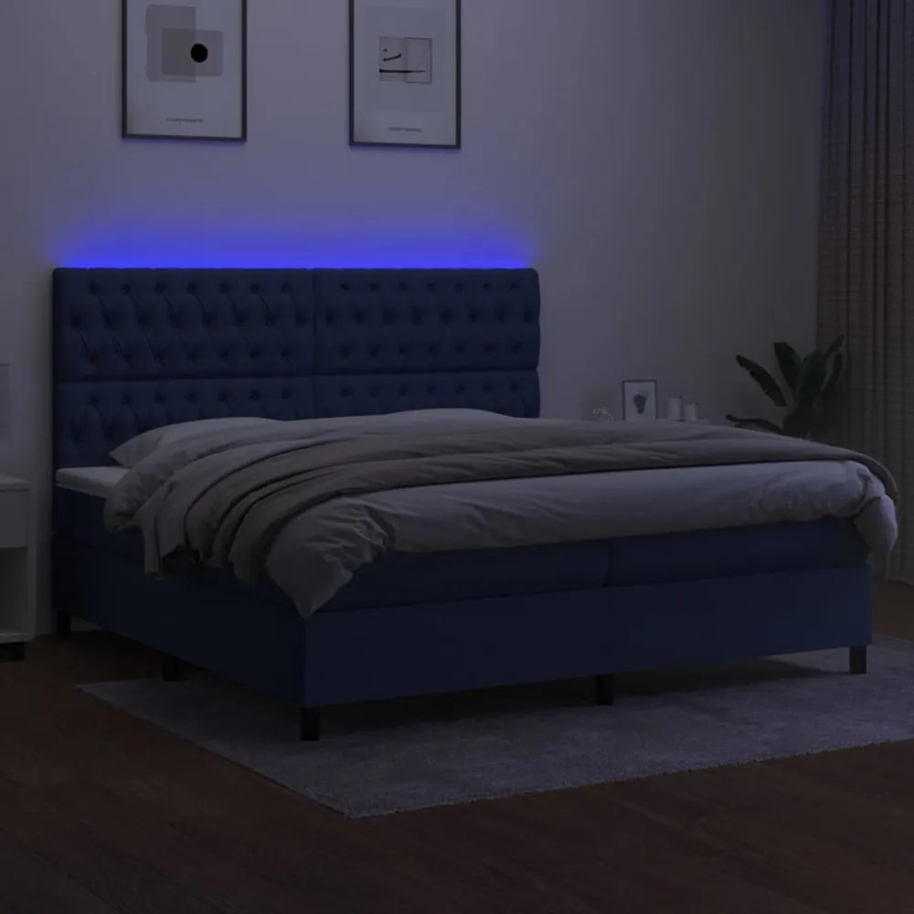 kék szövet rugós és LED-es ágy matraccal 200 x 200 cm