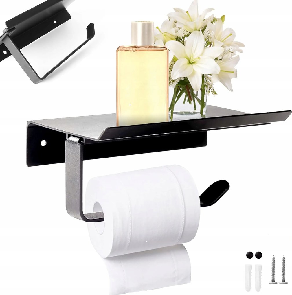 Fekete Fém Wc-papír Tartó Polccal Wc Csavarok A Csomagban