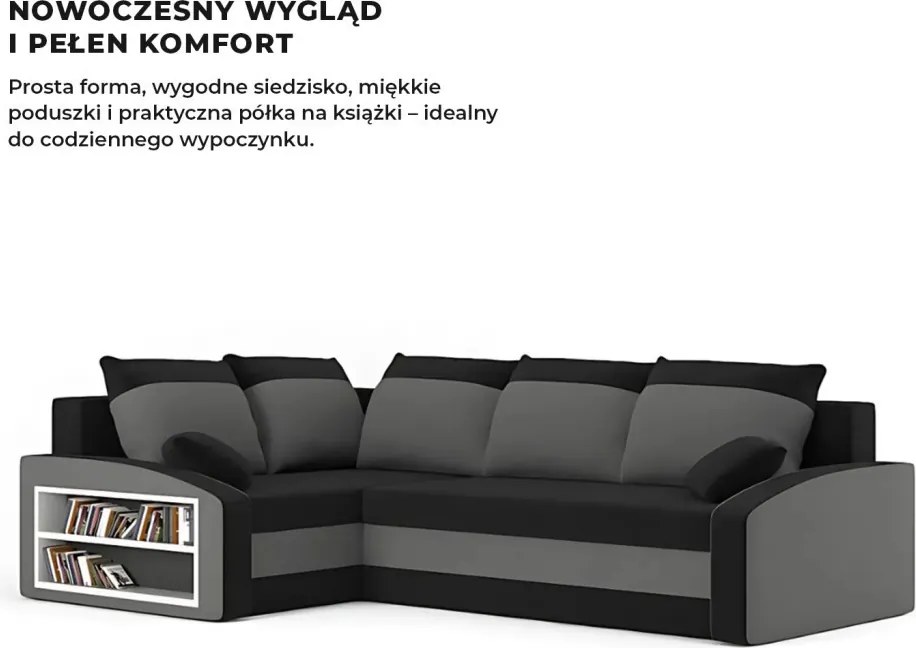 Grande sarokkanapé polcokkal , polc a bal karfaban, baloldali, szövet anyag, hab töltet, fekete - szürke