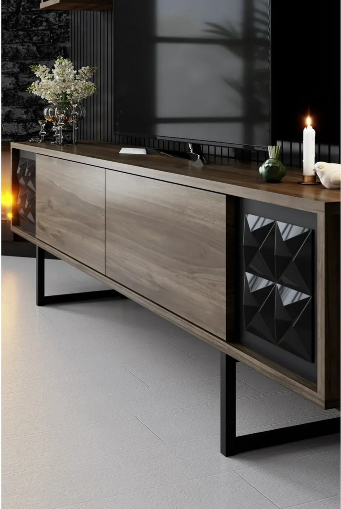 Line Walnut and Black TV-állvány polcokkal