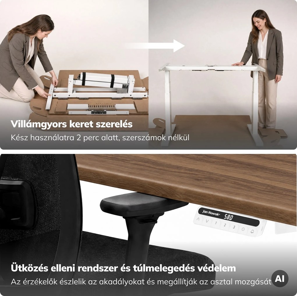 Elektromos, állítható magasságú, ergonomikus, fehér/dió íróasztal,1400x700 mm: ARIA