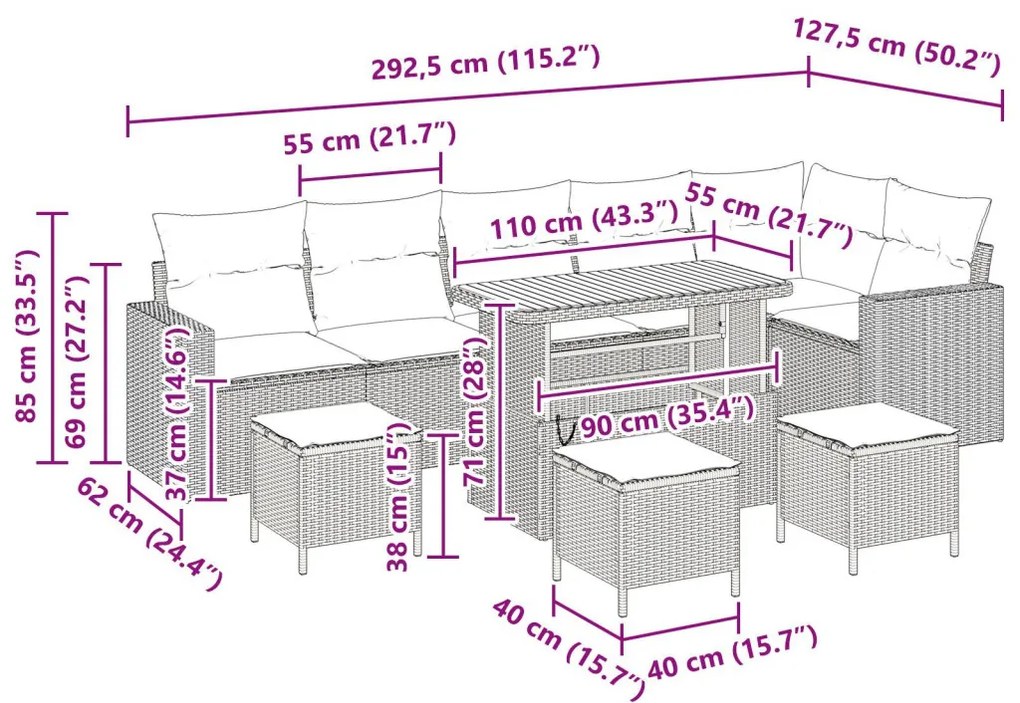 9 részes kertibútor szett párnákkal szürke poli rattan akáccal, 3 részes kertibútor étkező szett párnákkal szürke poli rattan akáccal