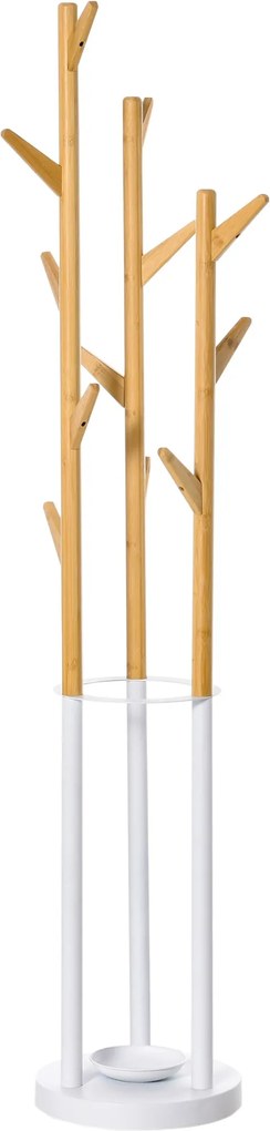 HOMCOM Kabátállvány, Ruhatartó 12 Horoggal és Esernyőtartóval, Fának Formázott Gardrób, Modern Kabátállvány Ruhákhoz, Sapkához, Táskához, Nappaliba, H