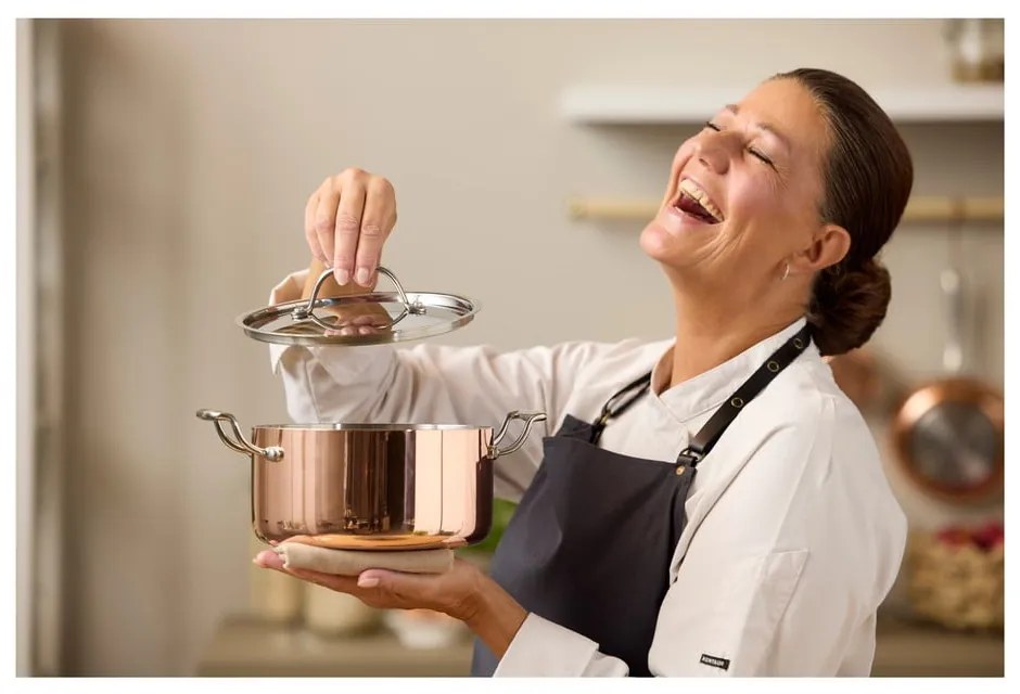 Indukciós tűzhelyhez alkalmas rozsdamentes acél-réz edény fedővel 3 l – Blomsterbergs