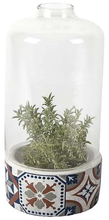 Mediterrán stílusú kerámia virágcserép üvegbúrával, portugál mozaik mintával, kültéri és beltéri dekorációs kiegészítő