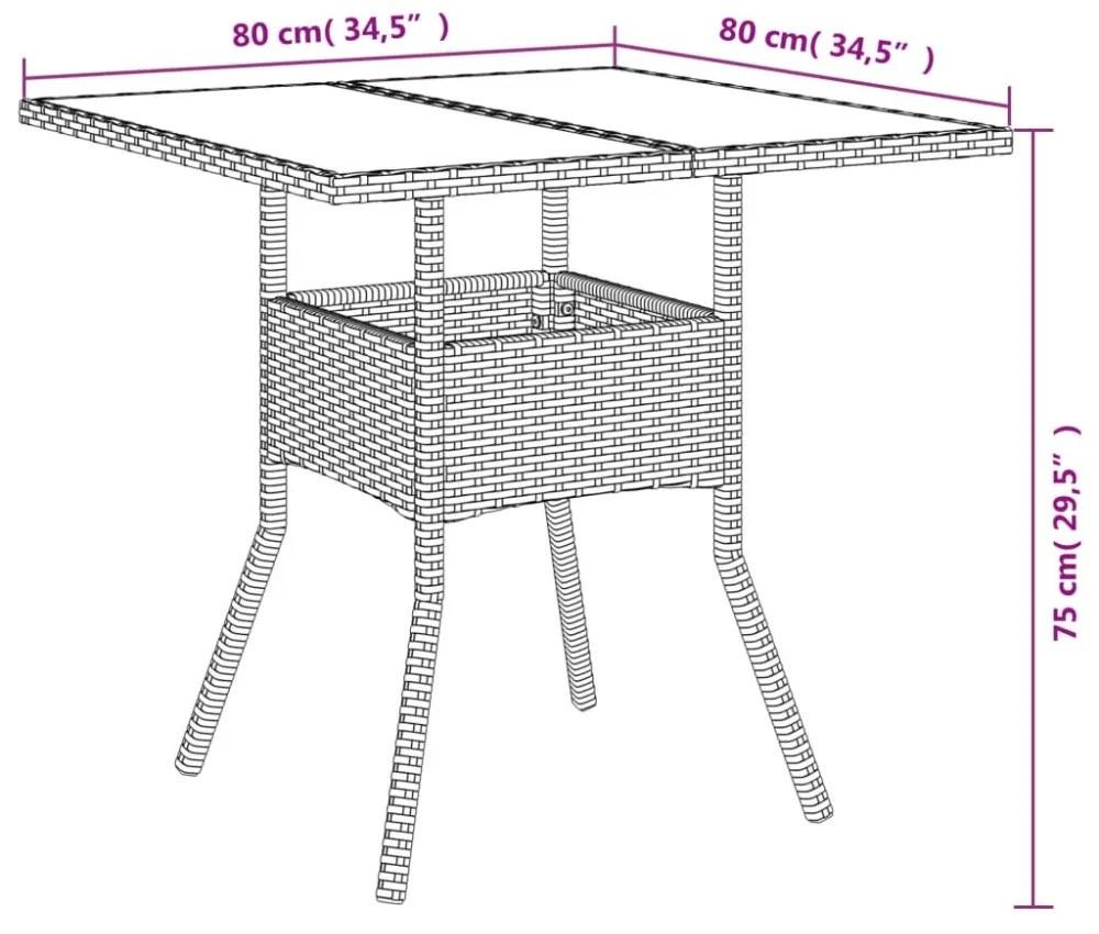 vidaXL 3 részes fekete polyrattan/üveg kerti étkezőgarnitúra párnákkal