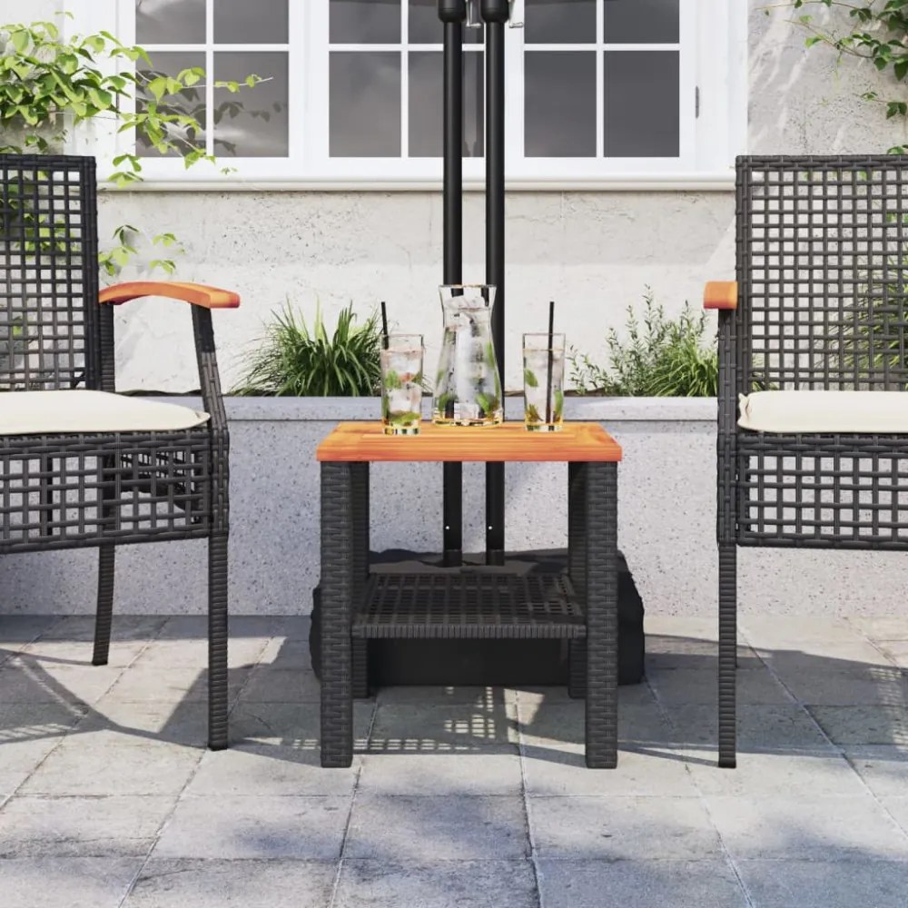 fekete polyrattan és akácfa kerti asztal 40 x 40 x 42 cm
