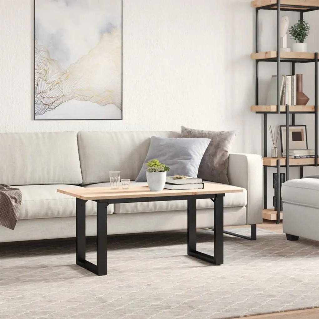 tömör fenyőfa és öntöttvas dohányzóasztal O-vázzal 100x50x45 cm