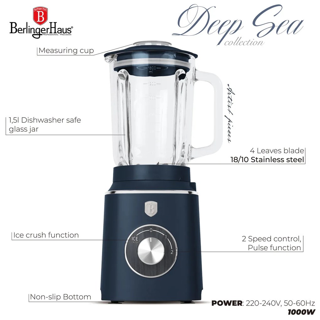 BerlingerHaus Turmixgép 1,5 L-es mércés edzett üvegkancsóval (1000 W) matt kék
