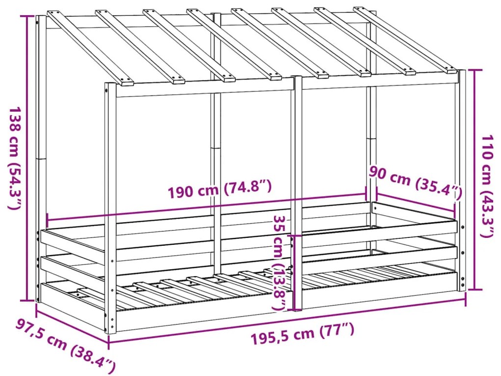 viaszbarna tömör fenyőfa gyerekágy tetővel 90 x 190 cm