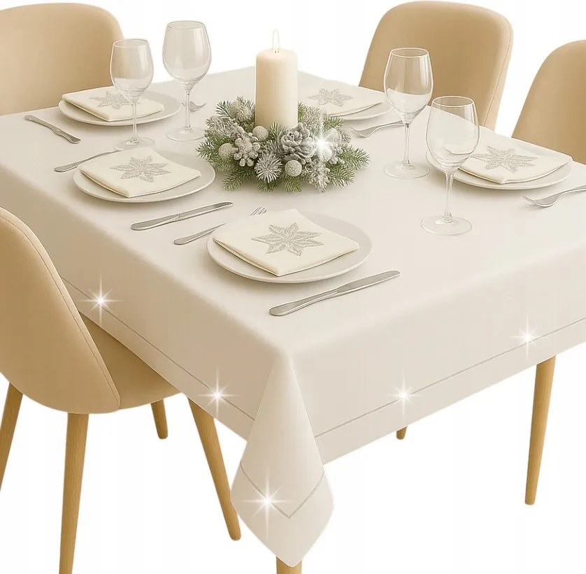Klasszikus fehér abrosz Karácsonyra elegáns ezüsttel 130x180