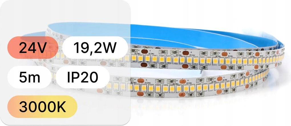 Led szalag 24V 5m 19,2W/m 240LED/m 3000K erős fény, meleg szín