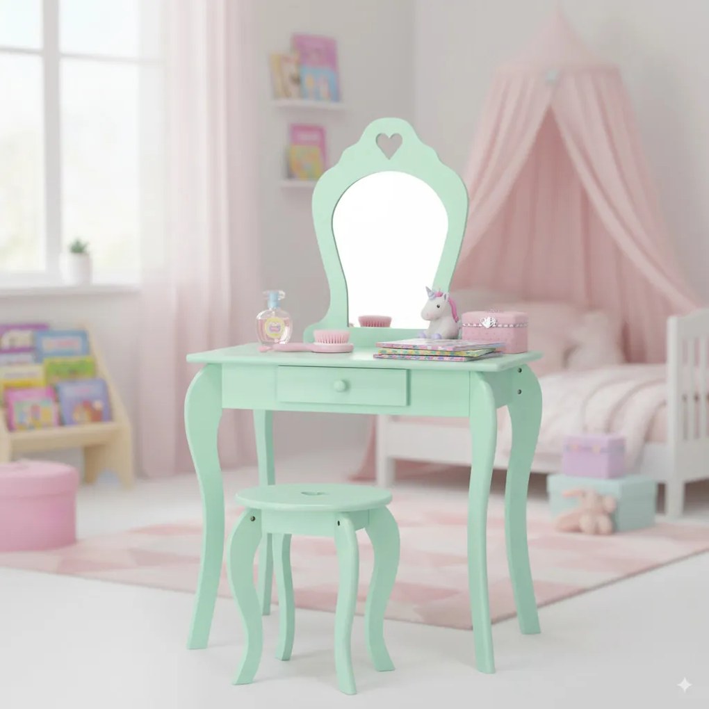 Kis fésülködőasztal tükörrel és ülőkével 65 x 39,5 x 108 cm