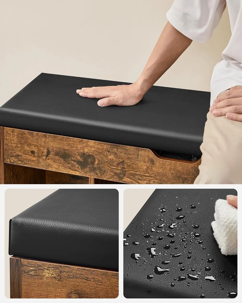 Cipőpad párnával, tárolópad párnázott ülőfelülettel, 3 rekeszes, rusztikus barna