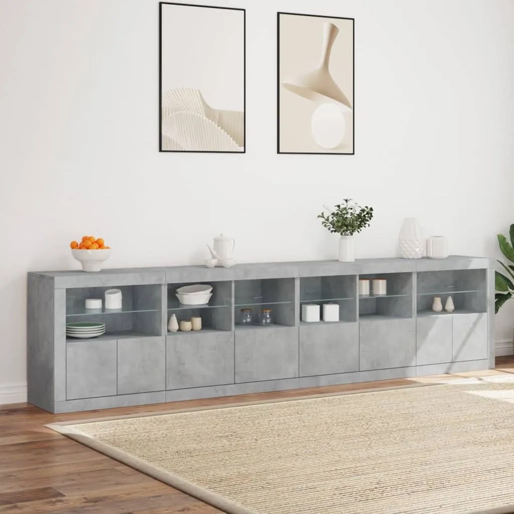 betonszürke tálalószekrény LED-világítással 283x37x67 cm