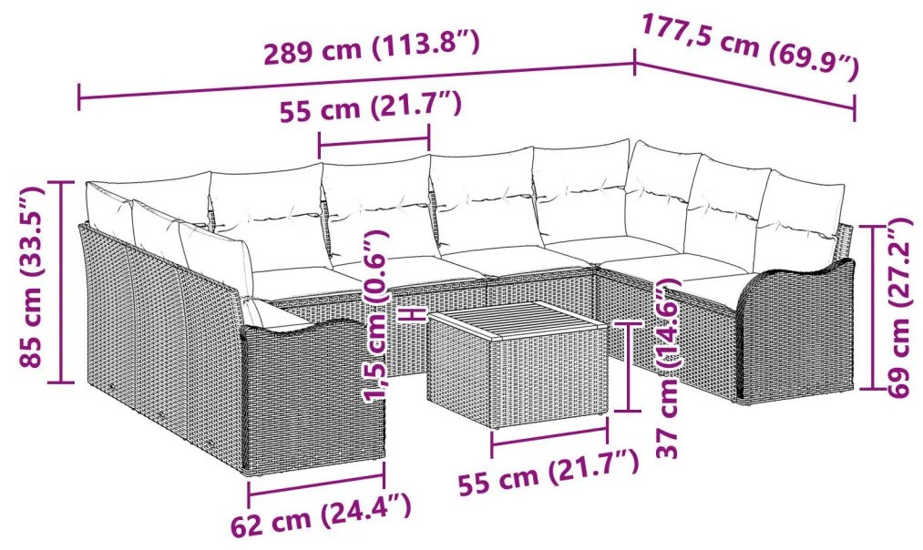 10 darabos kerti kanapé szett párnákkal Bézs Poli Rattan Akáccal, 2-fős kerti kanapé párnákkal Bézs Poli Rattan