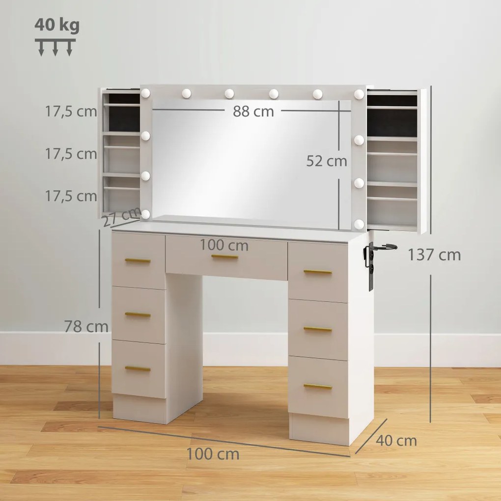 HOMCOM Fésülködőasztal tükörrel, 12 LED lámpával, 7 fiókkal, 100 x 40 x 137 cm, fehér