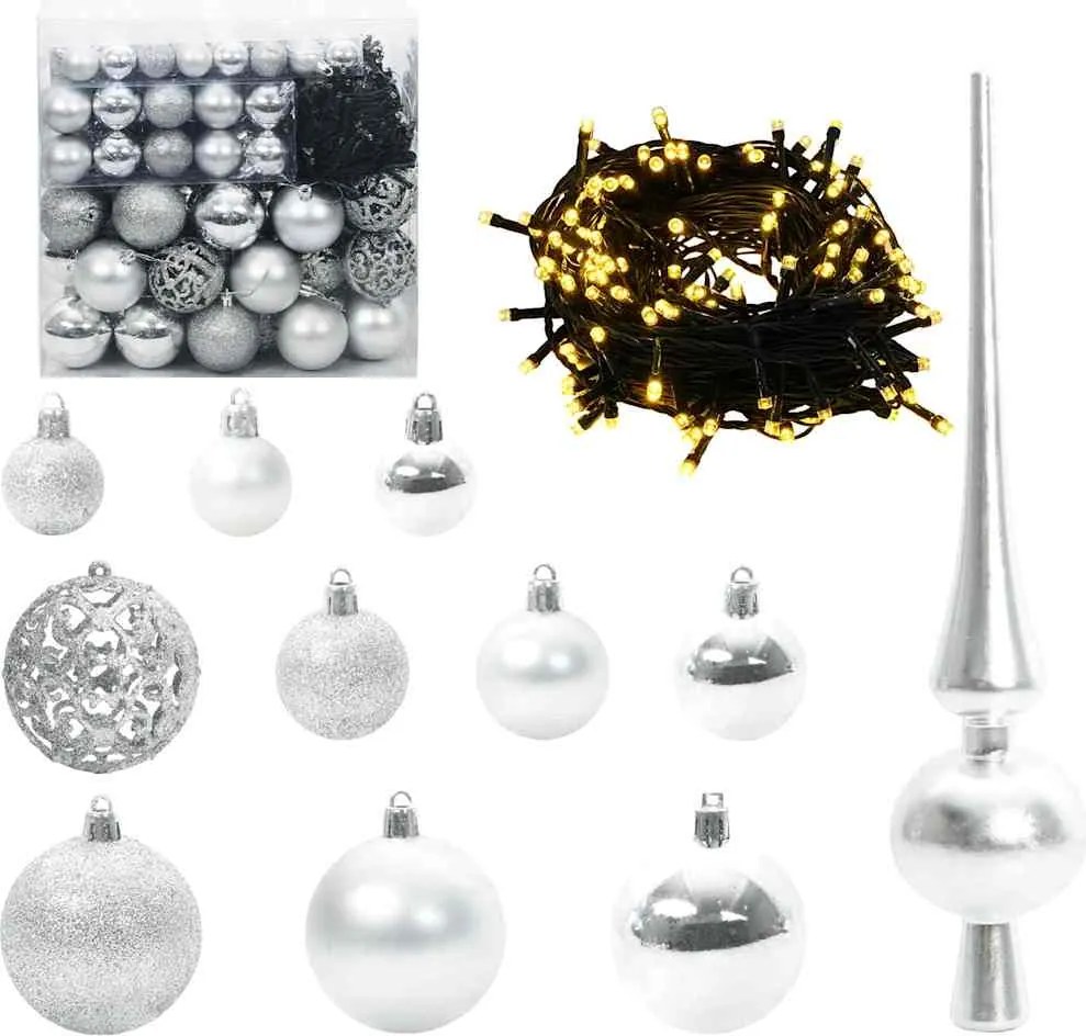 vidaXL Karácsonyi Díszgömb Készlet 300 LED-del 120 pcs Ezüst Műanyag