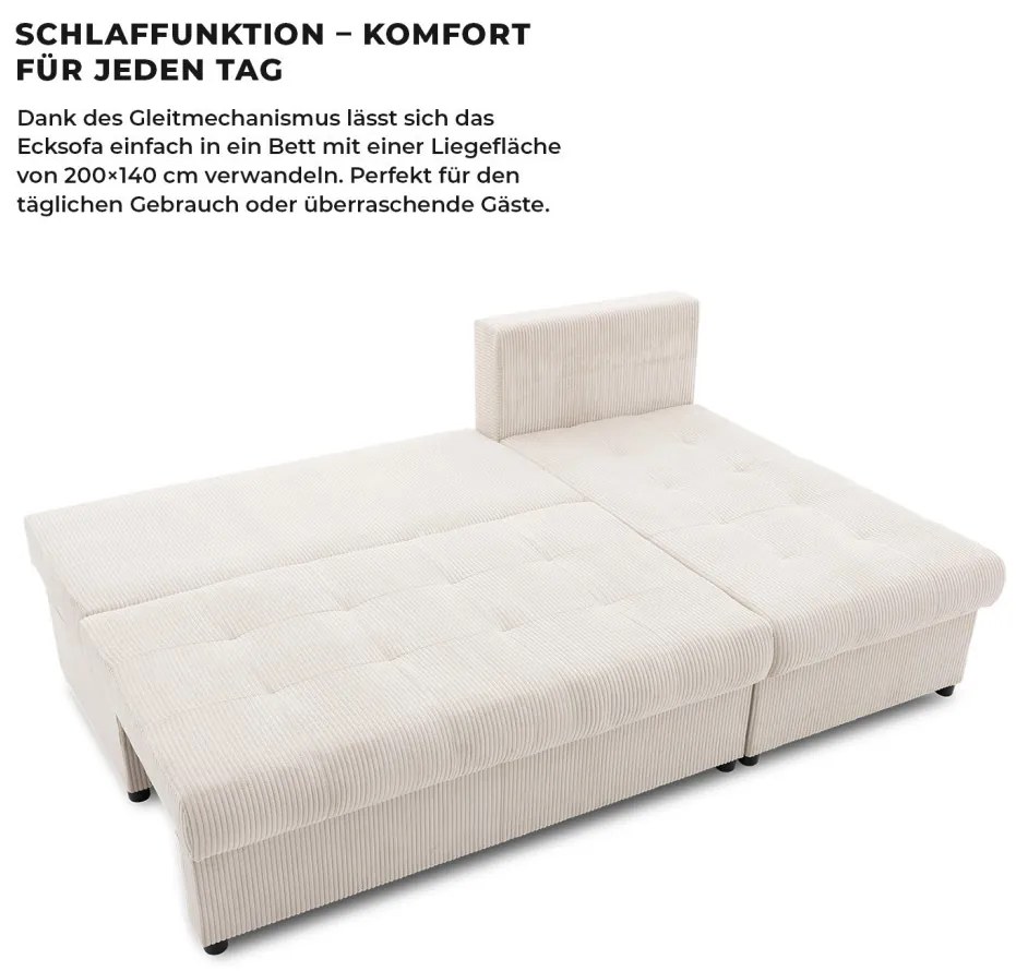 Venezia sarokkanapé, kordbársony, univerzális oldal, bonell töltet, bézs