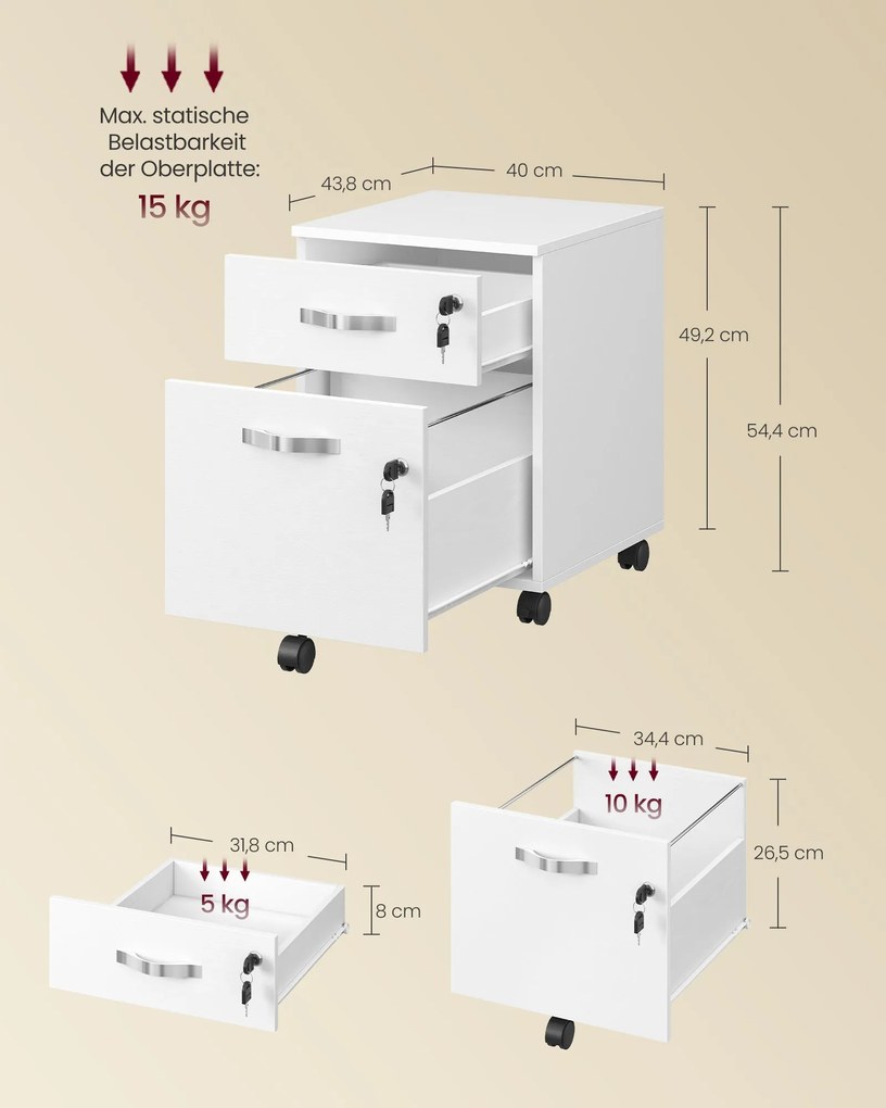 2 fiókos gurulós iratszekrény zárható irattároló, fehér