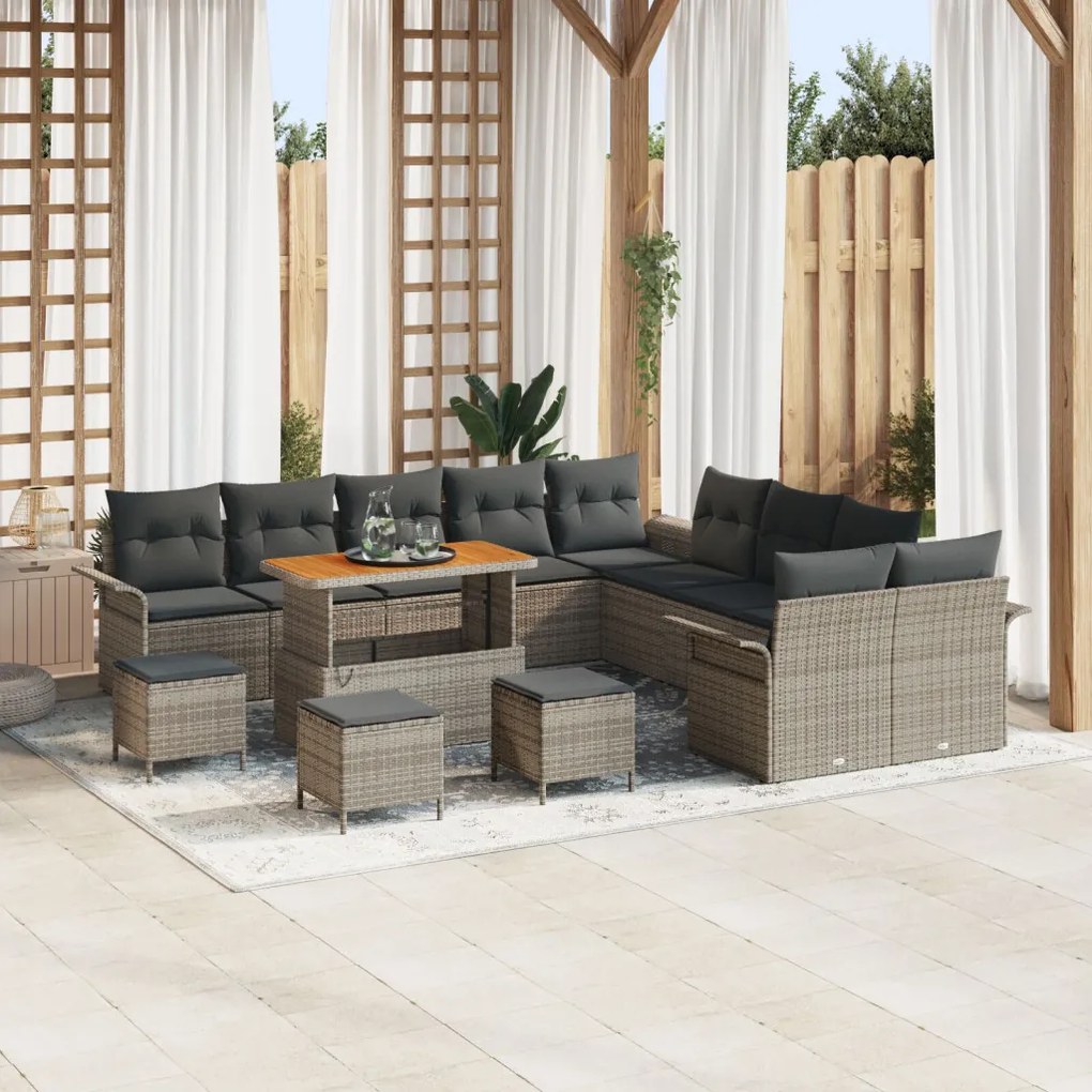 13 darabos kertiszófa szett párnákkal Szürke Poli Rattan Akác, 2-személyes kertiszófa tárolóval és párnákkal Szürke Poli Rattan, 3 darabos kertibútor szett párnákkal Szürke Poli Rattan Akác