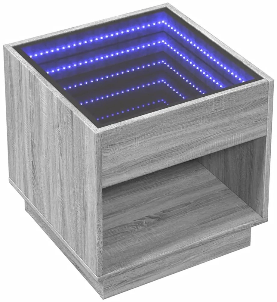 Szürke sonoma végtelen hatású LED-es éjjeliszekrény 50x50x50 cm