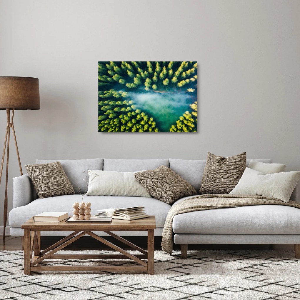 Üveg kép - Egy ködbe burkolt erdő (70x50 cm)