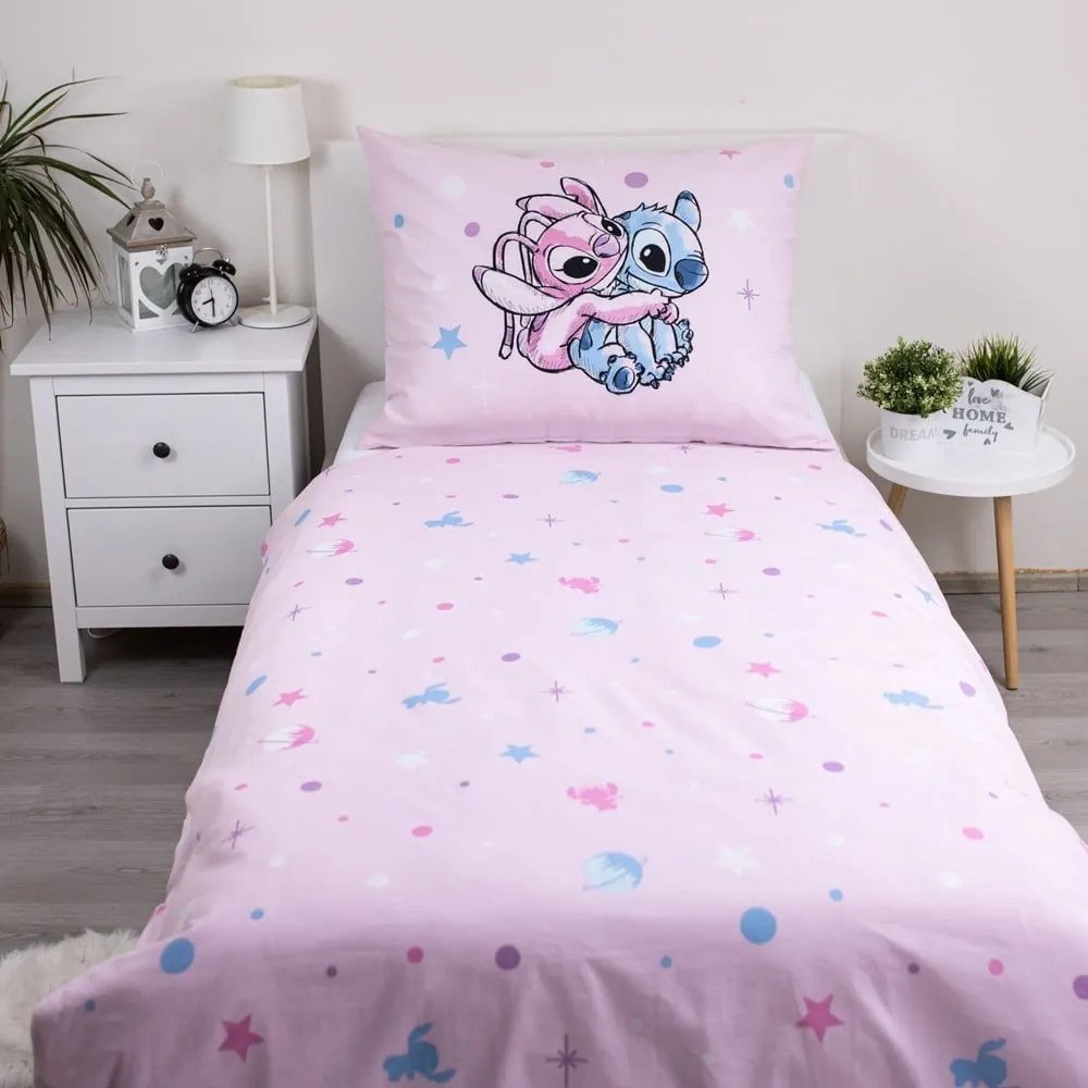 Rózsaszín egyszemélyes pamut gyerek ágyneműhuzat 140x200 cm Lilo a Stitch "Universe" – Jerry Fabrics