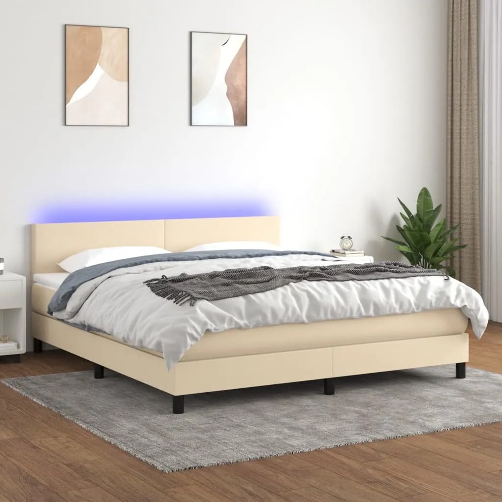krémszínű szövet rugós és LED-es ágy matraccal 180 x 200 cm