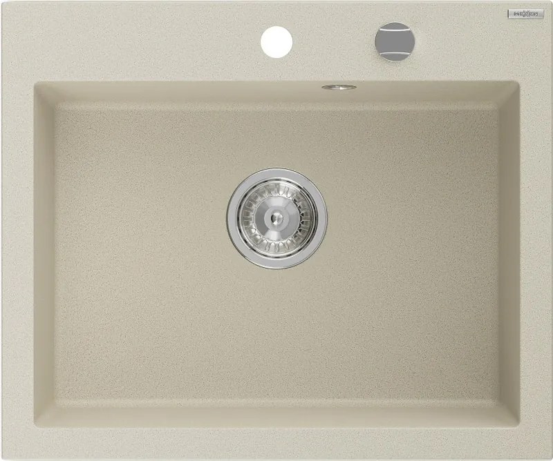Mexen Elix gránit mosogató 1-medencés 600 x 500 mm, bézs, króm szifon - 6525601005-69