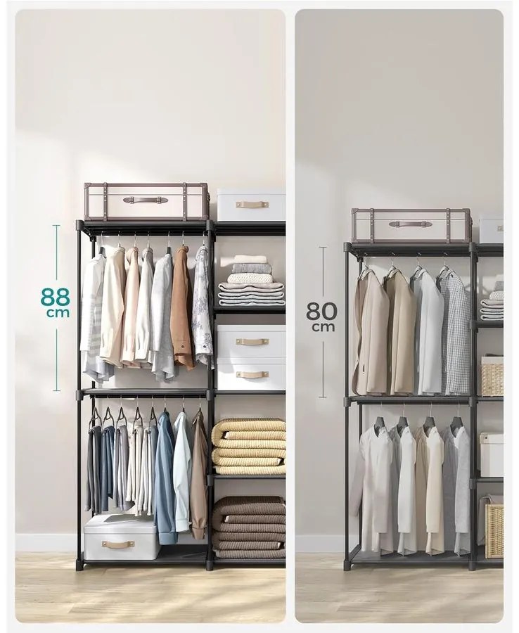 Hordozható, nyitott gardrób, ruhatartó, 43 x 182 x 182 cm fekete