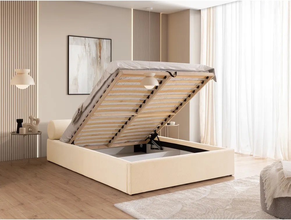 Krémszínű kárpitozott ágyneműtartós franciaágy ágyráccsal 180x200 cm Cille – Ropez