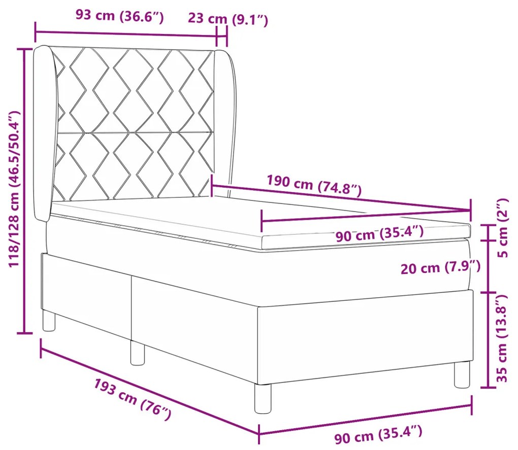 Boxspring Ágy Matrac Kával Fekete 90x190 cm Szövet