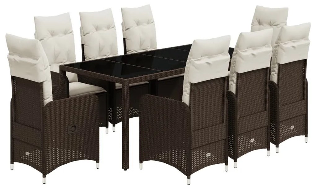 9 részes barna polyrattan kerti bisztrógarnitúra párnákkal